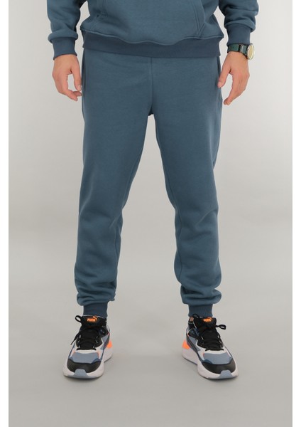 Erkek Petrol Mavisi Eşofman Altı Rahat Kesim 3 Iplik Şardonlu Ipli Ribana Bel