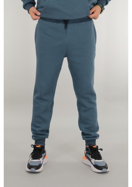 Erkek Petrol Mavisi Eşofman Altı Rahat Kesim 3 Iplik Şardonlu Ipli Ribana Bel