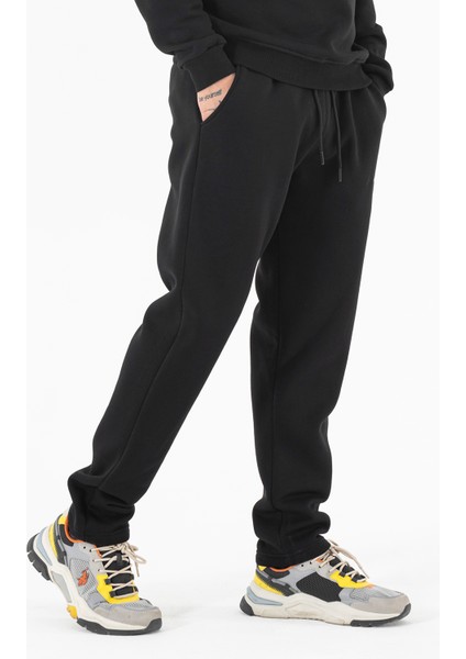 Erkek Siyah Eşofman Altı Rahat Kalıp 3 Iplik Şardonlu Düz Paça