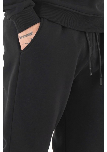 Erkek Siyah Eşofman Altı Rahat Kalıp 3 Iplik Şardonlu Düz Paça