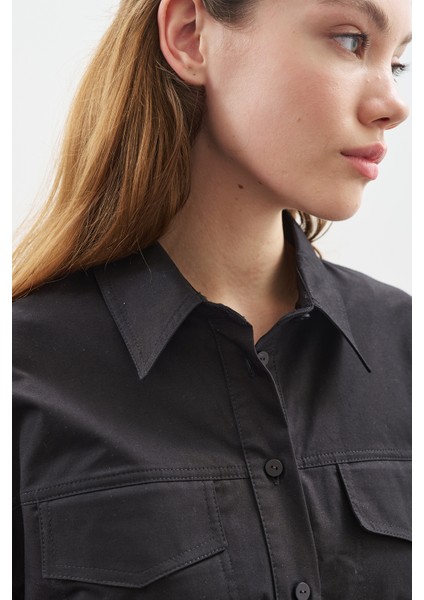 Dikiş Detaylı Bomber Gömlek Siyah