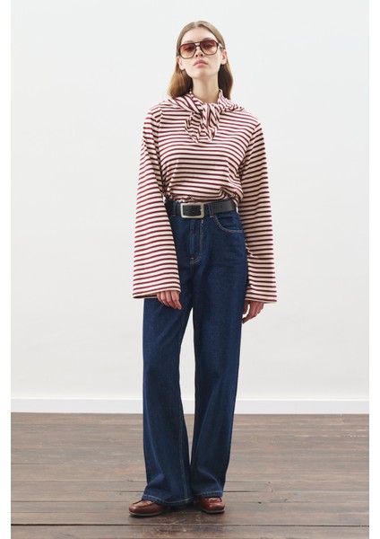 Şal Detaylı Çizgili Tshırt Bordo