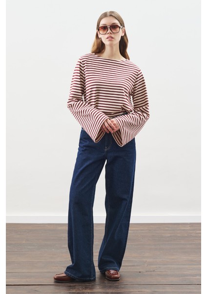 Şal Detaylı Çizgili Tshırt Bordo