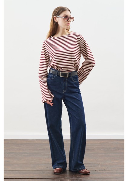 Şal Detaylı Çizgili Tshırt Bordo