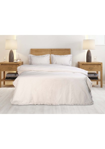 Point Çift Kişilik Nevresim Seti %100 Pamuk Fırfırlı Ekru