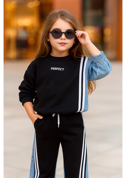 Kız Çocuk Kot Garnili Eşofman Takım, Sweat ve Pantolon Bayramlık