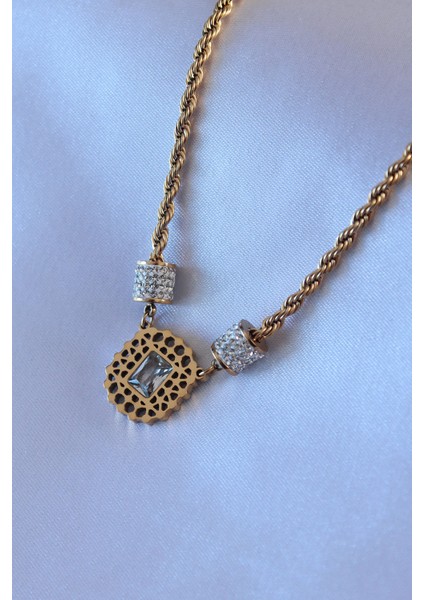 316L Çelik Gold Renk Lotus Model Zirkon Taşlı Burgu Zincir Kadın Kolye - TJ-BKO7551