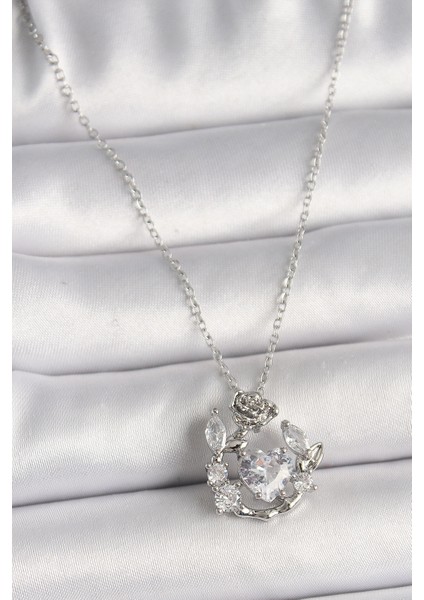 316L Çelik Gümüş Renk Zincir Zirkon Taşlı Kalp Figür Gül Detay Kadın Kolye - TJ-BKO9809