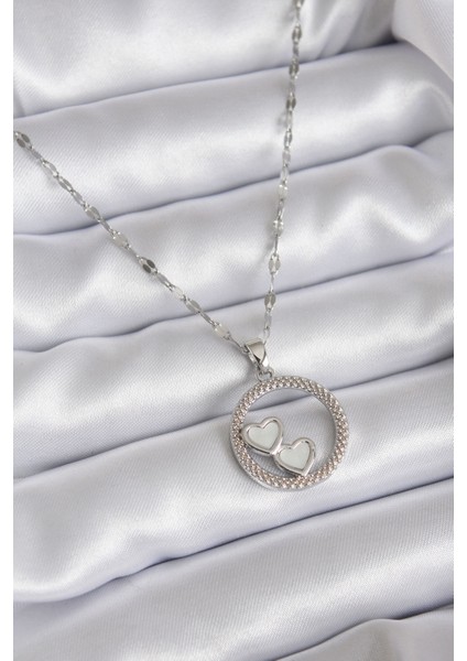 316L Çelik Zincir Gümüş Renk Işleme Detay Halka Kalp Model Kadın Kolye - TJ-BKO7804