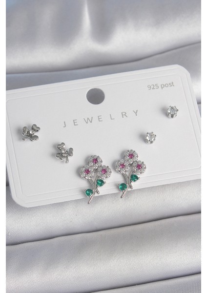 Pirinç Gümüş Renk Renkli Zirkon Taşlı Çiçek Model Yaprak Detay 925 Ayar Gümüş Çivi Kadın Küpe Seti - TJ-BKP10487