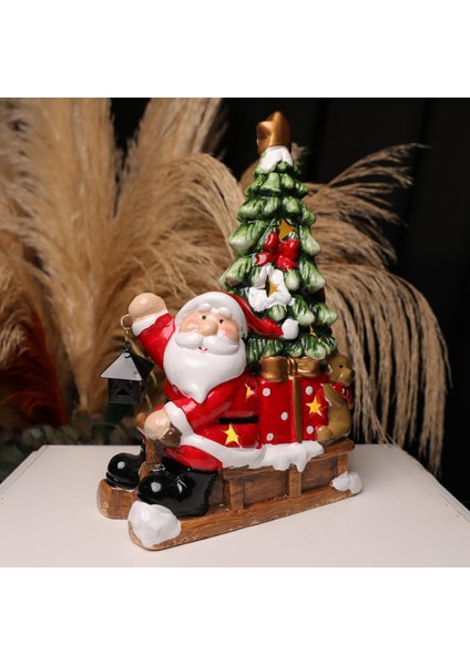 Noel Baba Tasarımlı Işıklı Biblo - Çam Ağacı Detaylı Noel Dekoru | Yılbaşı Hediyelik Süs