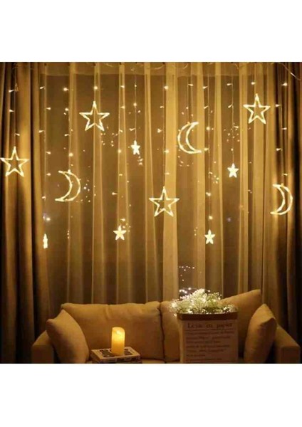 Ay Yıldız Perde LED Işık 3x3 Metre Gün Işığı | 50 Ledli Dekoratif Yılbaşı Oda Aydınlatması