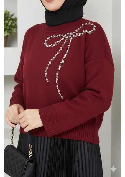 Fiyonk Detaylı Triko Taşlı Etek Üstü Crop Kazak fiyatları