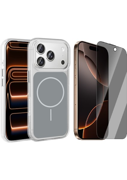 iPhone 17 Pro Max Kılıf M-Safe Şarj Özellikli Metal Buton Tasarımlı Zore İkonik Sert Silikon Kapak + Hayalet Ekran Koruyucu