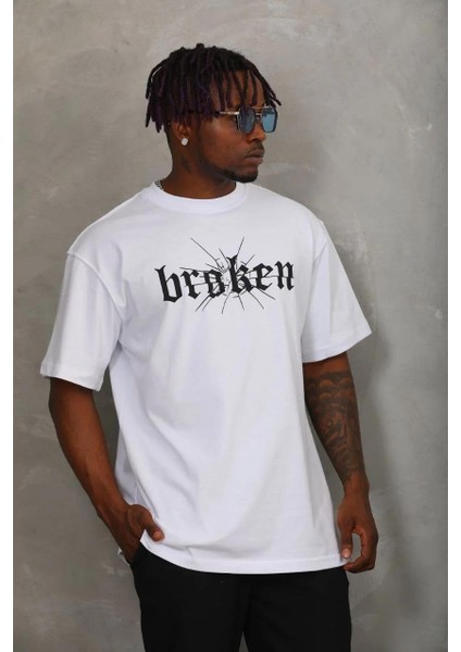 Unisex Oversize Baskılı Bisiklet Yaka T-Shirt - Beyaz