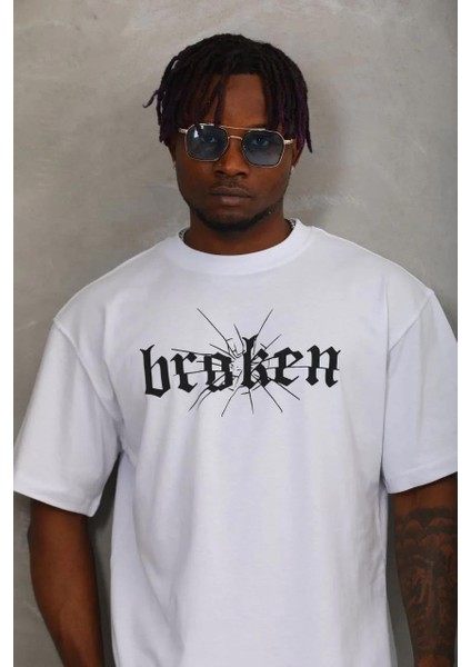 Unisex Oversize Baskılı Bisiklet Yaka T-Shirt - Beyaz modelleri