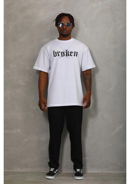 Unisex Oversize Baskılı Bisiklet Yaka T-Shirt - Beyaz fırsatları