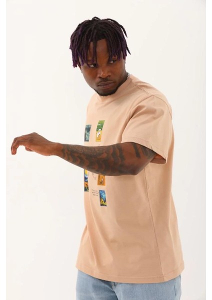 Unisex Oversize Baskılı Bisiklet Yaka T-Shirt - Bej fiyatları