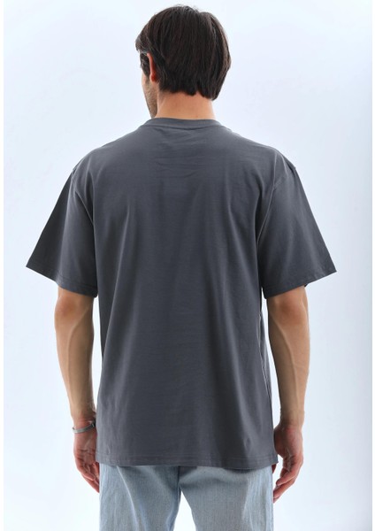 Unisex Oversize Taşlı Bisiklet Yaka T-Shirt - Füme fiyatları