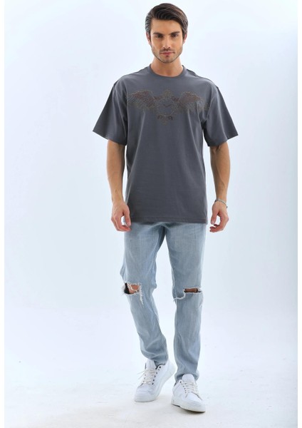 Unisex Oversize Taşlı Bisiklet Yaka T-Shirt - Füme fırsatları