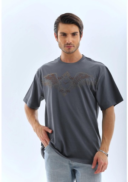 Unisex Oversize Taşlı Bisiklet Yaka T-Shirt - Füme indirimleri