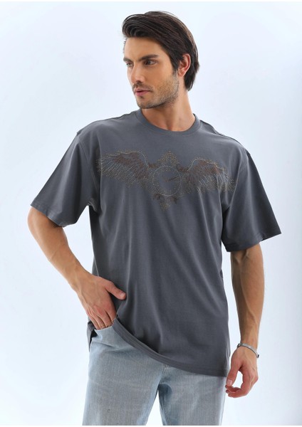 Unisex Oversize Taşlı Bisiklet Yaka T-Shirt - Füme