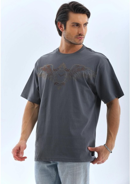 Unisex Oversize Taşlı Bisiklet Yaka T-Shirt - Füme