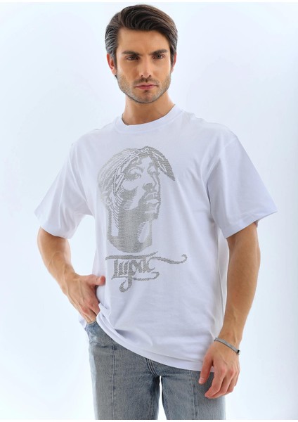 Unisex Oversize Taşlı Bisiklet Yaka T-Shirt - Beyaz indirimleri