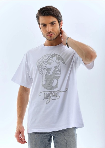 Unisex Oversize Taşlı Bisiklet Yaka T-Shirt - Beyaz