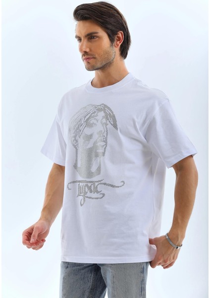 Unisex Oversize Taşlı Bisiklet Yaka T-Shirt - Beyaz