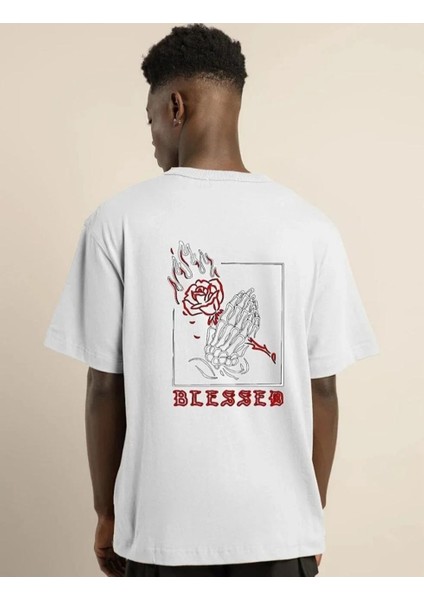 Unisex Bisiklet Yaka Oversize Baskılı T-Shirt - Beyaz fiyatları