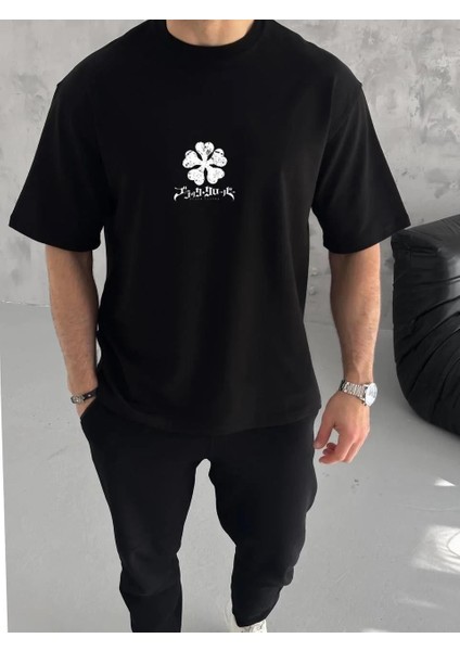 Unisex Bisiklet Yaka Baskılı Oversize T-Shirt - Siyah