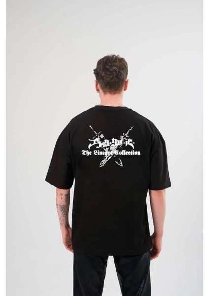 Unisex Bisiklet Yaka Baskılı Oversize T-Shirt - Siyah fiyatları