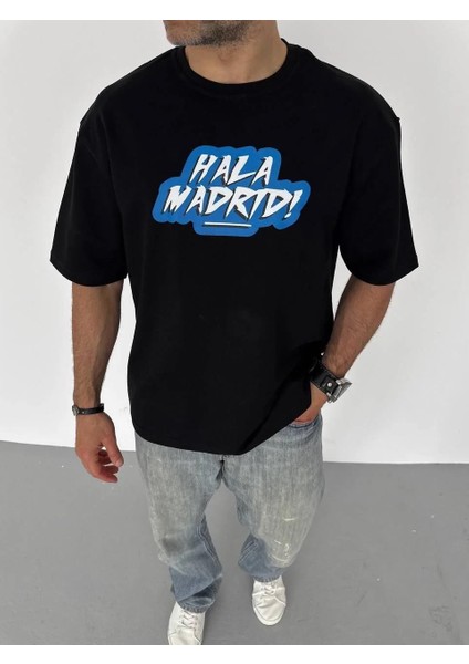 Unisex Bisiklet Yaka Baskılı Oversize T-Shirt - Siyah