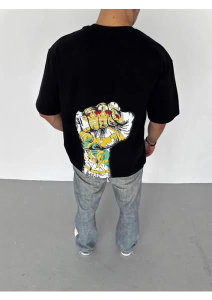 Unisex Bisiklet Yaka Baskılı Oversize T-Shirt - Siyah fiyatları