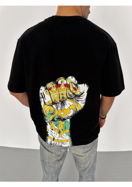 Unisex Bisiklet Yaka Baskılı Oversize T-Shirt - Siyah modelleri