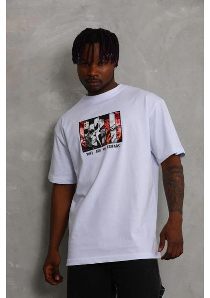 Unisex Oversize Baskılı Bisiklet Yaka T-Shirt - Beyaz fiyatları