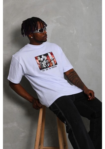 Unisex Oversize Baskılı Bisiklet Yaka T-Shirt - Beyaz modelleri