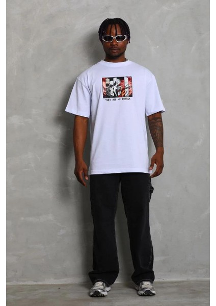 Unisex Oversize Baskılı Bisiklet Yaka T-Shirt - Beyaz fırsatları