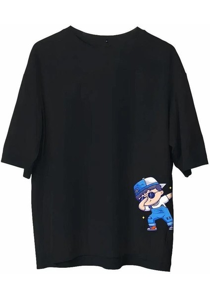 Unisex Bisiklet Yaka Baskılı Oversize T-Shirt - Siyah