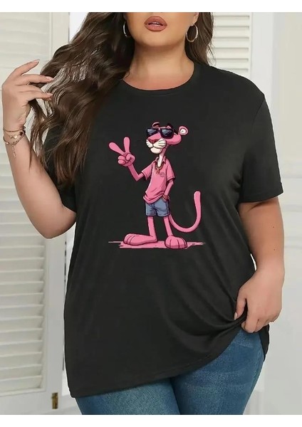 20/1 Penye Compack Pembe Panter Baskılı Oversize Bisiklet Yaka Kısa Kol Yazlık T-Shirt - Beyaz