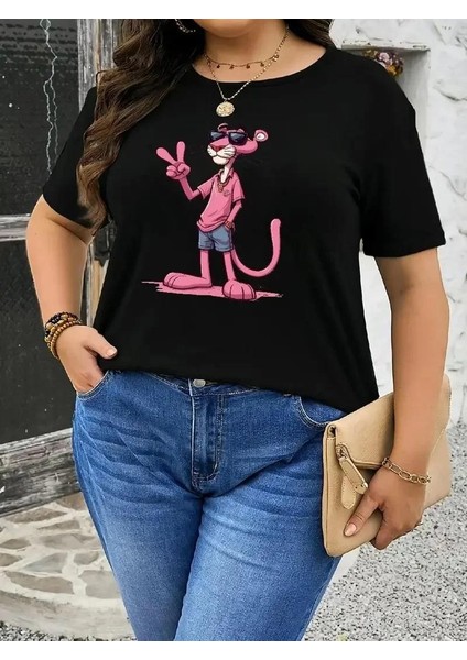 20/1 Penye Compack Pembe Panter Baskılı Oversize Bisiklet Yaka Kısa Kol Yazlık T-Shirt - Beyaz modelleri