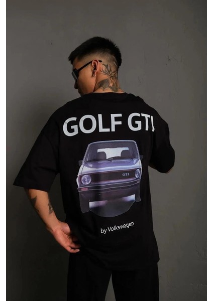 Erkek Oversize Baskılı Tişört – Golf Gtı Retro Araba Desenli, Ön & Arka Dijital Baskı, Sokak Modası Stil - Siyah