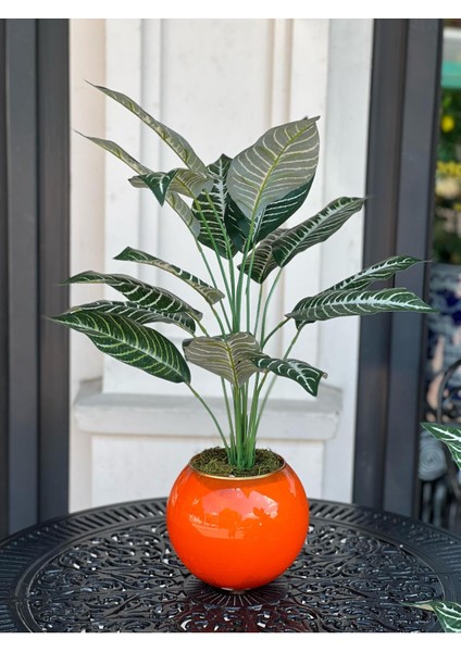 Yapay Bitkili Dekoratif Cam Vazo Turuncu