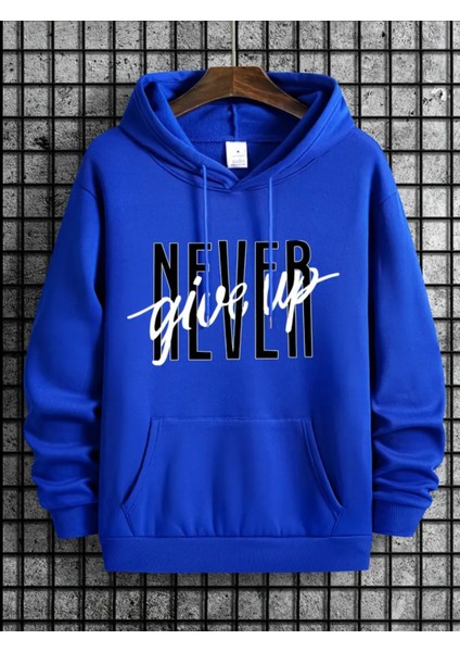 Punıx Büyük Beden Özel Tasarım Kapüşonlu Never Gıve Up Baskılı %100 Pamuk Oversize Erkek Sweatshırt