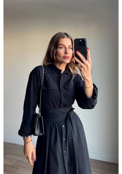 Siyah Korseli Cep Detaylı Maxi Gömlek Elbise