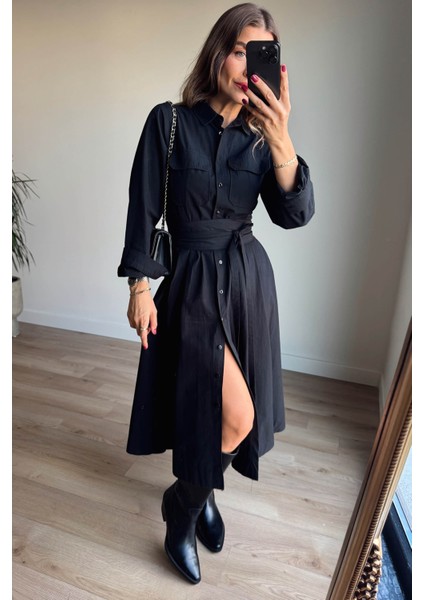 Siyah Korseli Cep Detaylı Maxi Gömlek Elbise fiyatları