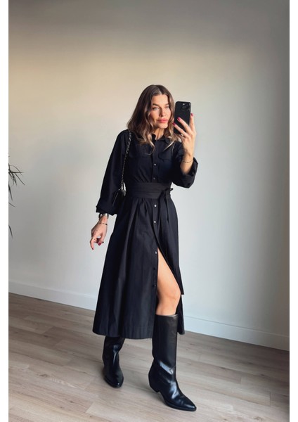 Siyah Korseli Cep Detaylı Maxi Gömlek Elbise modelleri