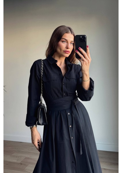 Siyah Korseli Cep Detaylı Maxi Gömlek Elbise fırsatları