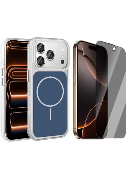 iPhone 17 Pro Max Kılıf M-Safe Şarj Özellikli Metal Buton Tasarımlı Zore İkonik Sert Silikon Kapak + Hayalet Ekran Koruyucu